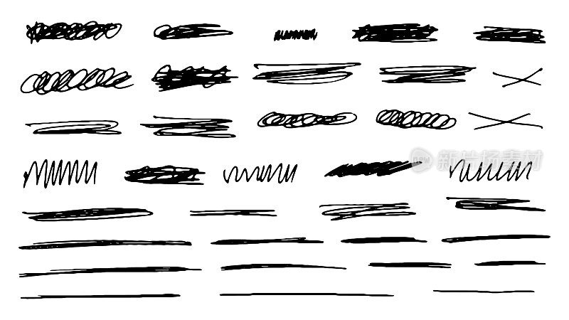 黑色钢笔集合手绘线条、下划线笔画、涂鸦。
