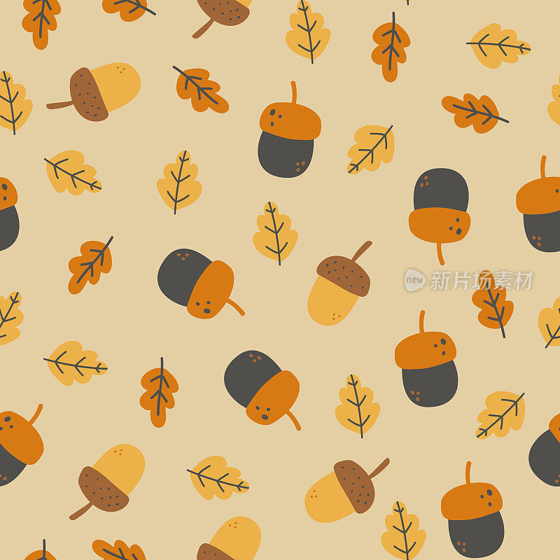 无缝图案与秋天的树叶和浆果。五颜六色的重复背景与橡树叶和橡果包装纸。明亮的秋天树叶的平面矢量卡通插图