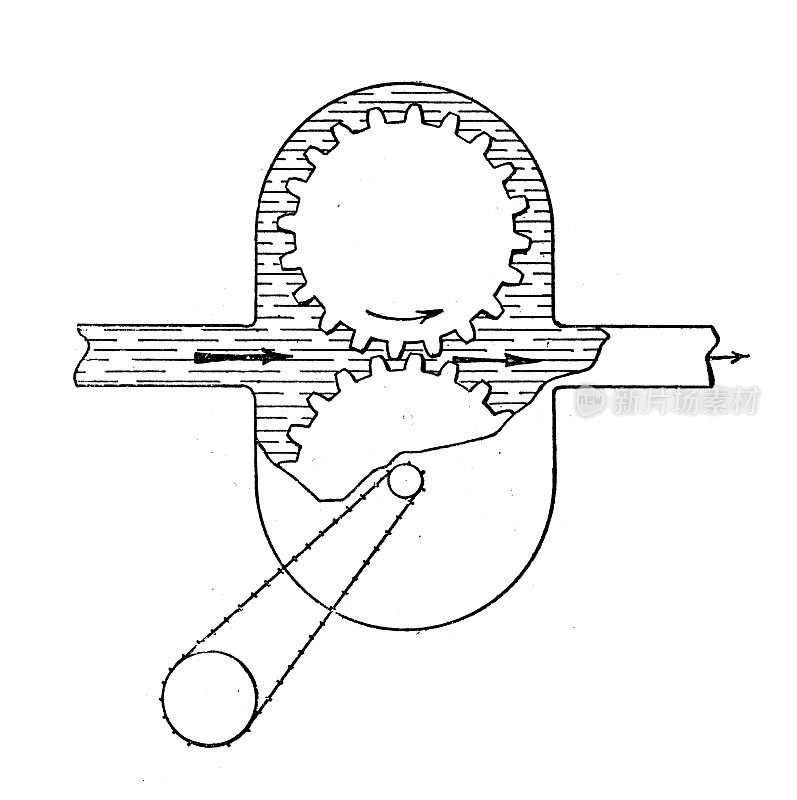 古董插图:陆地车辆和技术，泵马罗花园