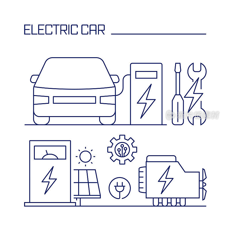 电动汽车相关设计元素。使用大纲图标的模式设计。