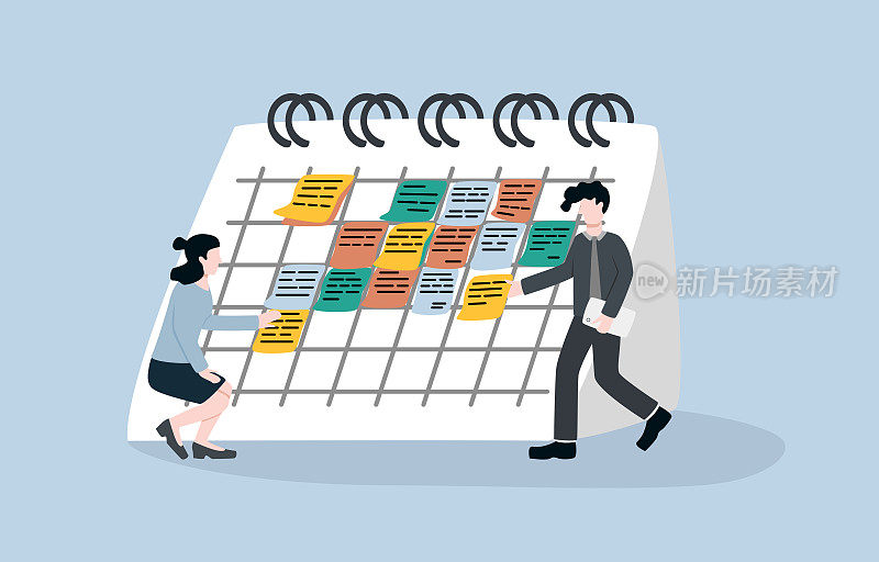 日历工作截止日期，工作项目计划提醒，约会，或会议概念。商人和女商人把商业计划的便利贴贴在大日历上。