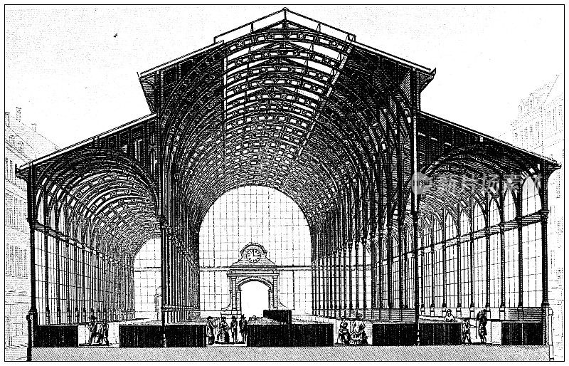 古董插图:建筑和建筑:里昂市场