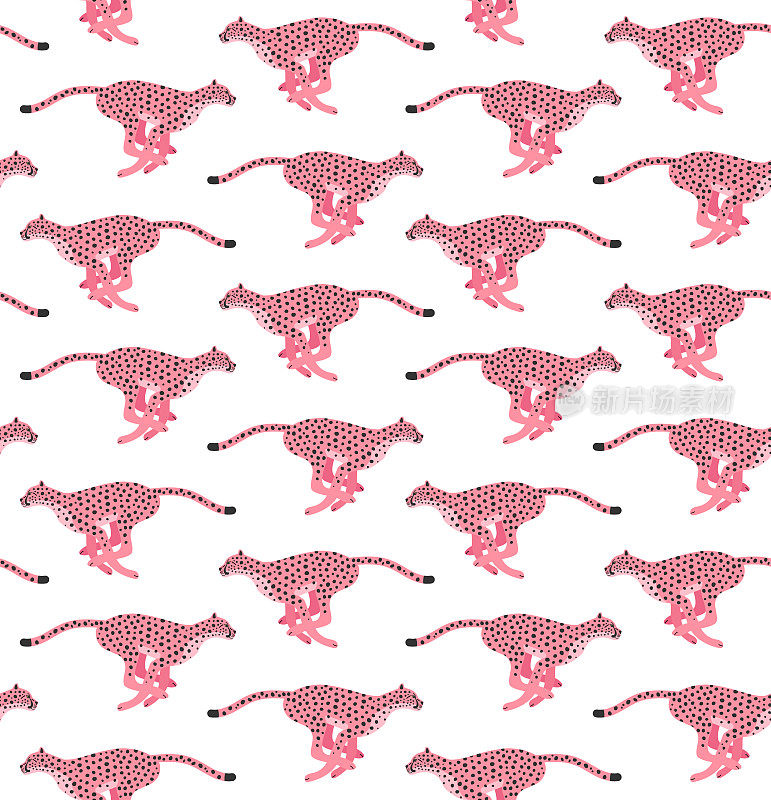 矢量无缝图案的平手绘制粉红色奔跑猎豹