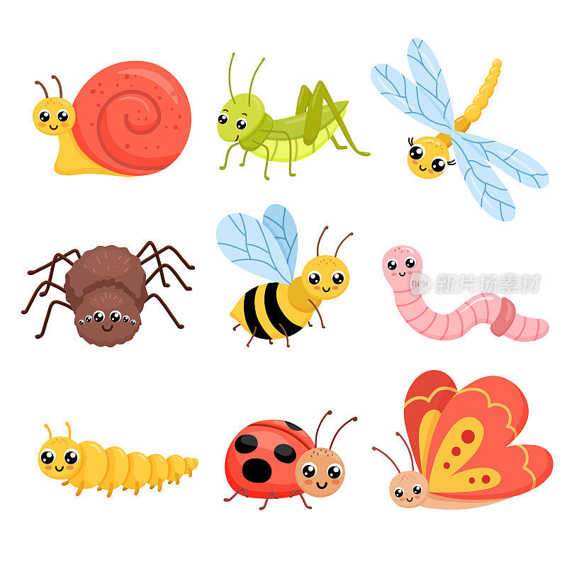 卡通的昆虫。可爱的蝴蝶、蚱蜢和蜻蜓。幼稚的矢量插图孤立在白色上
