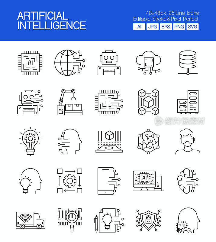 人工智能细线矢量图标集。设计是可编辑的，颜色可以改变。创意图标的矢量集:技术，机器人，创新，云技术，电路
