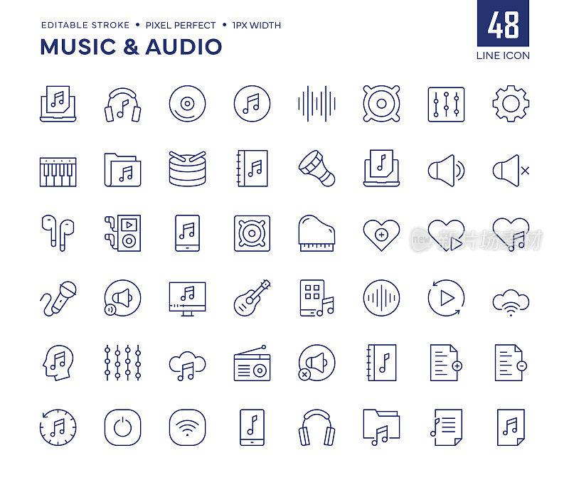 音乐和音频线图标集包含音符，耳机，声波，立体声，耳机，钢琴等图标。
