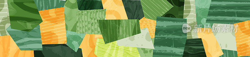 抽象美学的生态绿色拼贴设计。有机自然形状矢量插图。景观场格局背景。几何装饰领域。当代生态构图，矩形框架