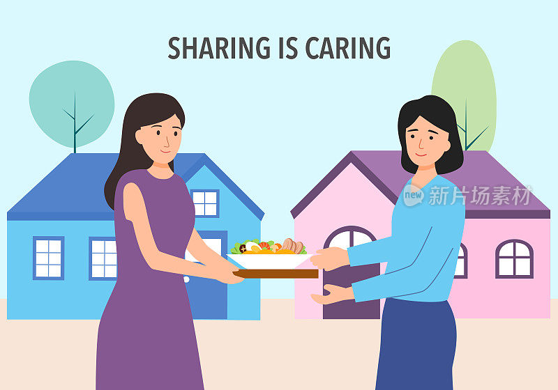 分享是关怀的概念矢量插画。在平面设计中，妇女与邻居分享食物。