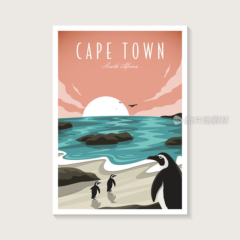 复古非洲企鹅在开普敦海滩海报设计插画，海景海滩海报