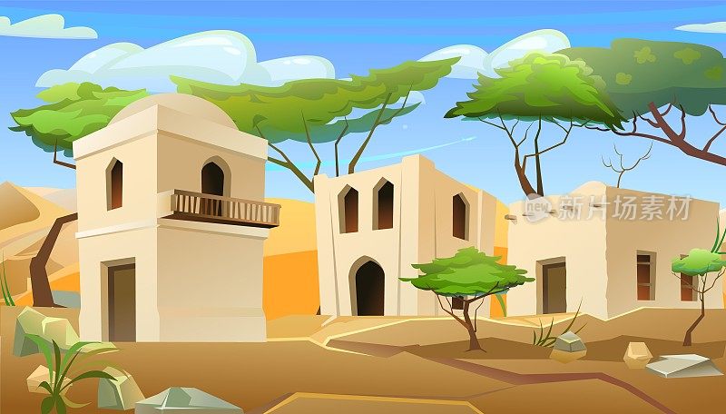 阿拉伯粘土小屋。在沙漠。中东土坯房。非洲和亚洲的传统房屋。向量。