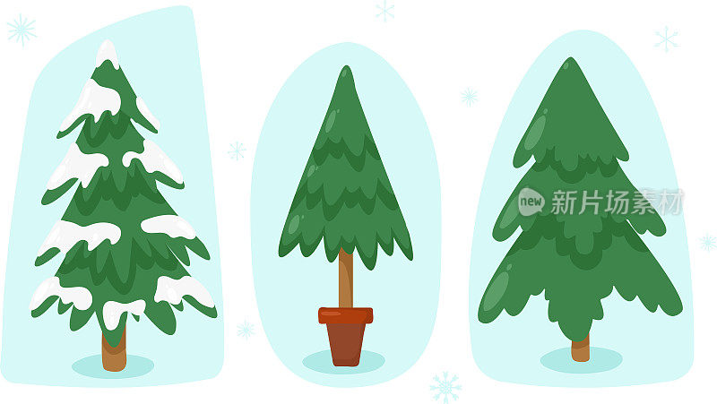一套漂亮的圣诞树在雪地里，在花盆里。圣诞冬天插画。大自然存在于细节之中。手绘向量。