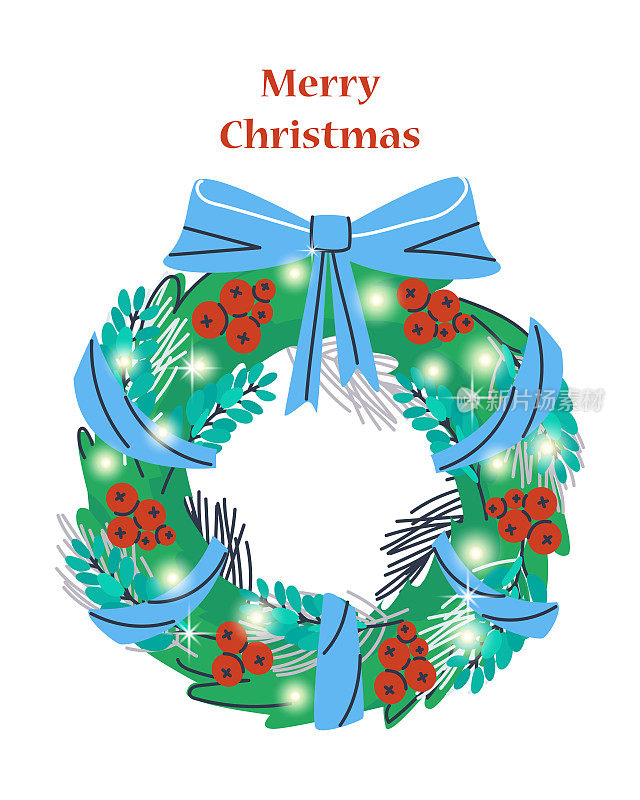 祝贺你寒假的明信片。圣诞短信快乐。一个用冷杉树枝做成的花环，上面有丝带、灯光和节日气氛。