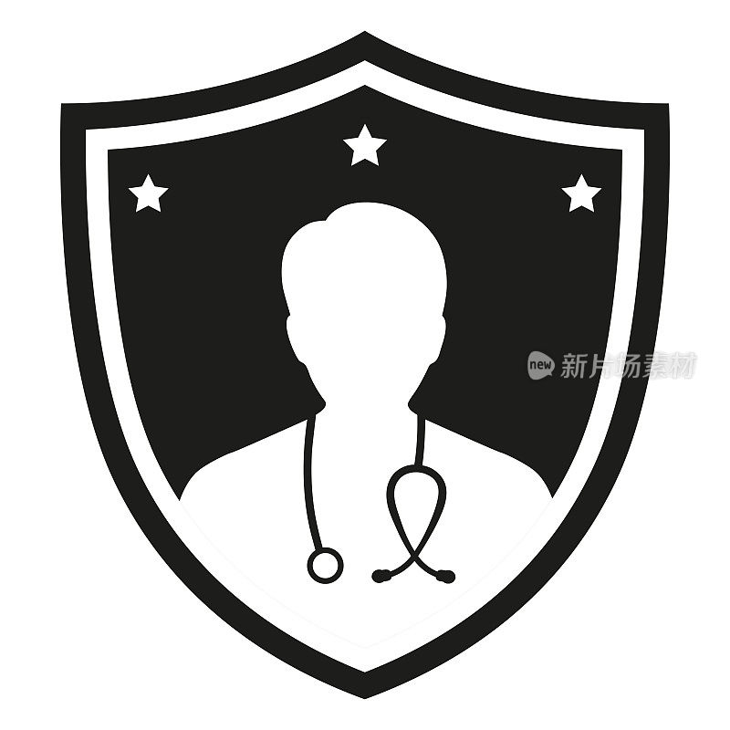 卫生保健标识插图。戴盾牌的医生
