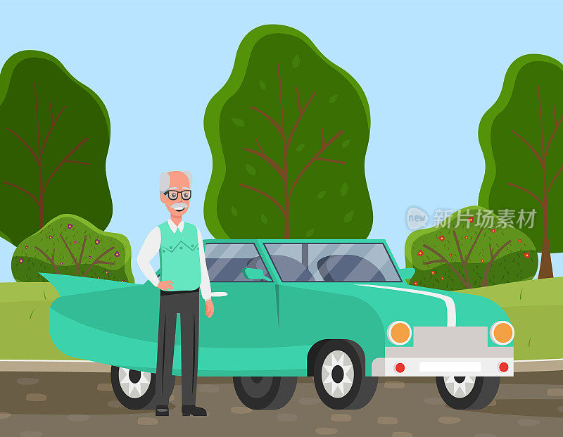 年长的秃头男子旁边是他的私人交通工具。年长的男性角色戴着眼镜，靠近复古车