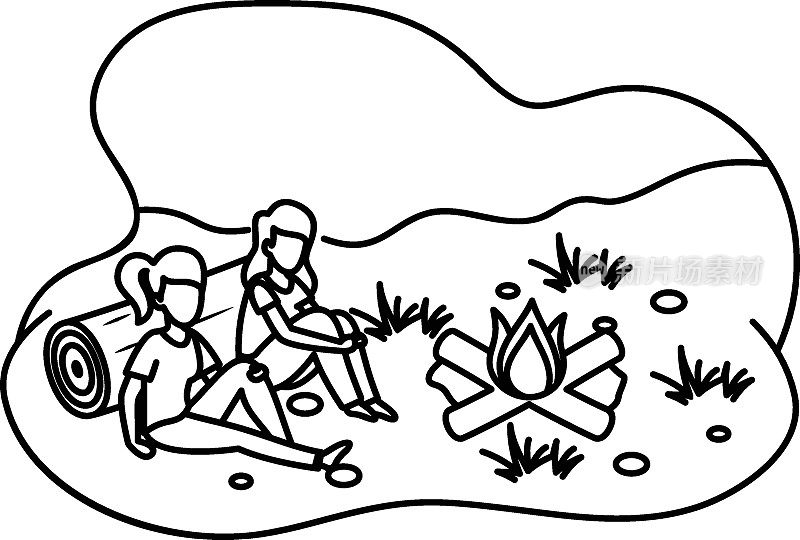 游客在营地休息靠近营火概念，朋友一起坐在篝火矢量轮廓图标设计，户外周末活动符号，旅游假期场景标志，快乐的人在假期股票