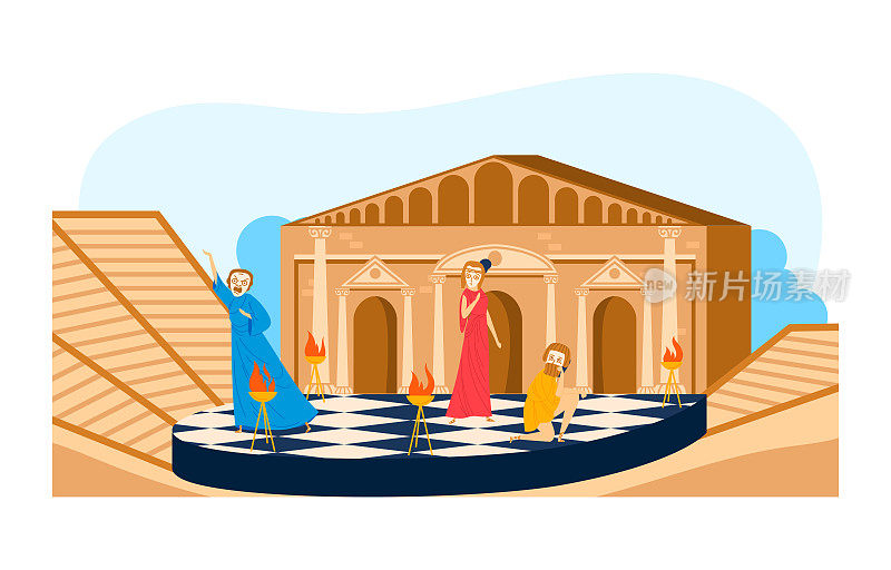 希腊历史人物文化，希腊圆形剧场与演员，矢量插图。带有古代圆柱元素的希腊考古建筑。