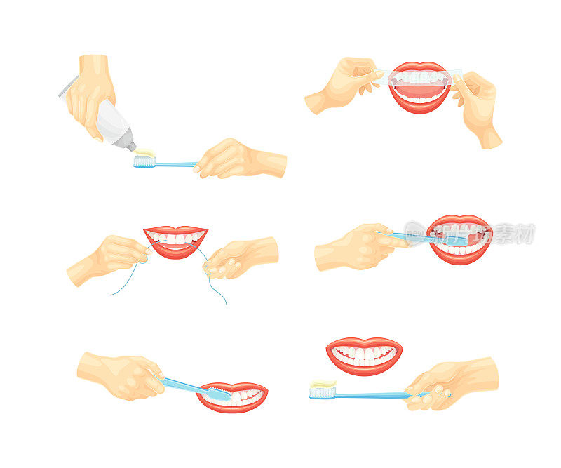 口腔护理和口腔卫生与手清洁牙齿与牙线和牙刷矢量集