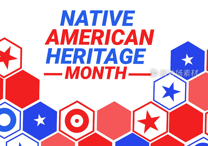 美国原住民传统月横幅壁纸设计，具有多种民族形状和传统色彩。印第安人传统月背景