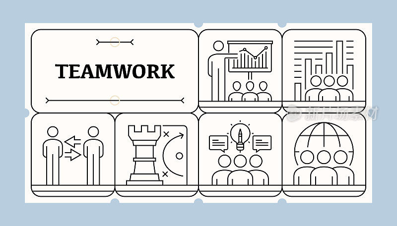 团队合作线图标集和横幅设计