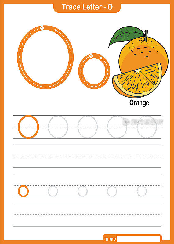 字母跟踪字母A到Z学龄前工作表与字母O橙色Pro矢量