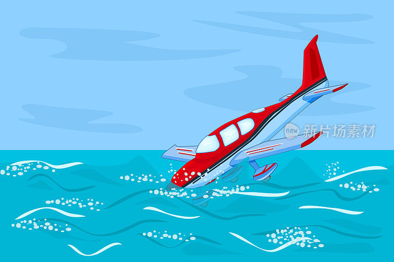 小飞机沉入海中。在水下飞行的轻型飞机。私人飞机坠入大海。