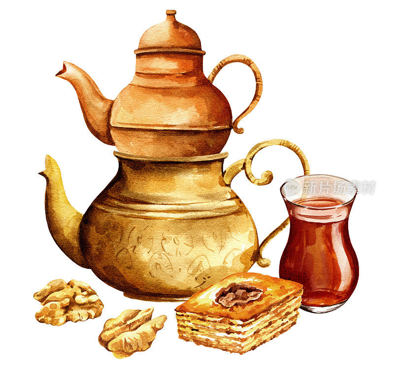 传统东方茶壶，东方糖果，坚果，蜂蜜，土耳其美味