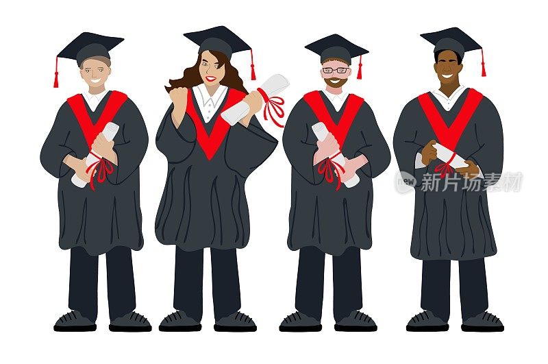 不同民族的毕业生。快乐的学生身穿学士服，头戴毕业帽，组带学历证书