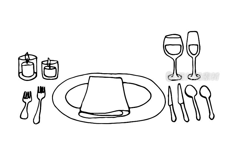 为一个人设置等距的餐桌-叉子，勺子，刀，盘子，装有饮料的玻璃杯，蜡烛，盘子上的餐巾-手绘涂鸦。客人在餐桌上的位置