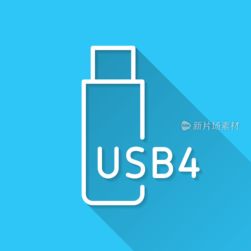 USB4闪存盘。图标在蓝色背景-平面设计与长阴影