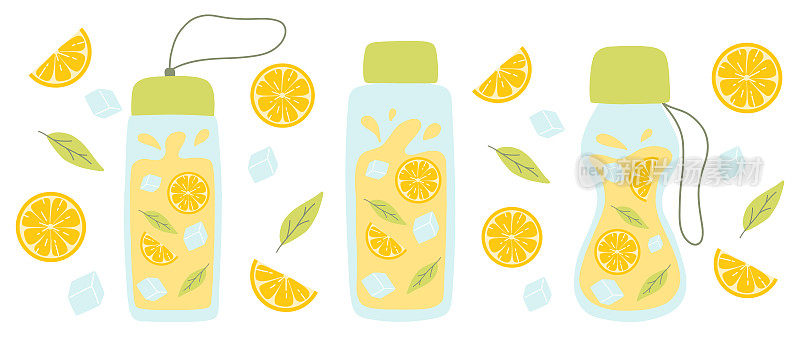 一套装柠檬水的瓶子。由柠檬片、薄荷和冰块组成的清凉柠檬水。