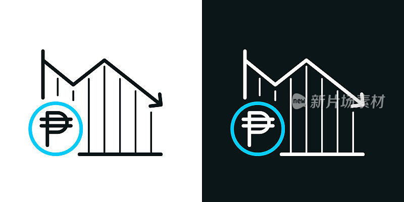 比索硬币的下降图。黑色或白色背景上的双色线条图标-可编辑笔触