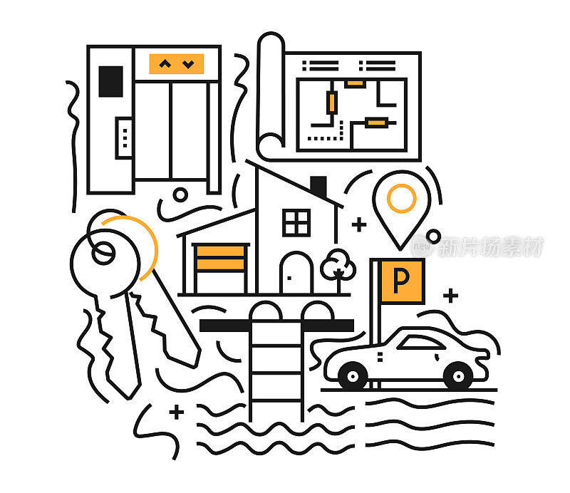 房地产插图。设计是可编辑的,颜色可以改变。矢量创意图标集:合同,待售,房子,住宅楼,房地产代理,房地产投资