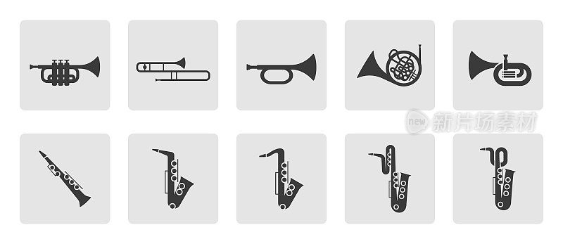 铜管乐器图标集。小号，长号，大号，喇叭，萨克斯管，法国圆号轮廓标志图标符号象形图矢量插图