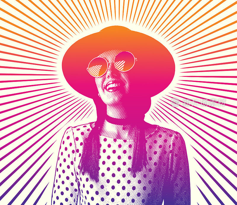 快乐,微笑的时髦女人,阳光灿烂