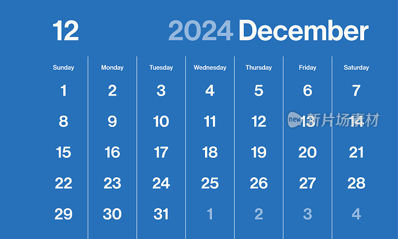 2024年12月-月历。极简风格的景观水平日历2024年。向量模板。一周从周日开始