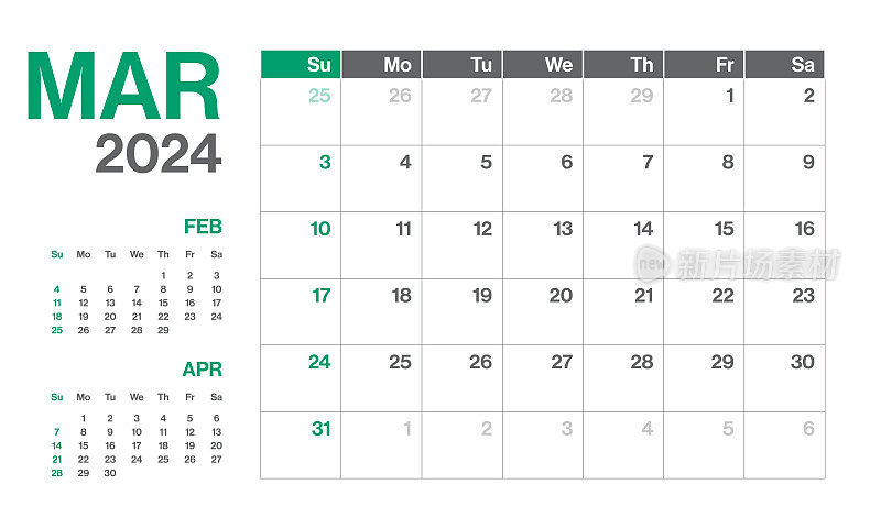 2024年3月-每月季度日历。极简风格的景观水平日历2024年。向量模板。这一周从星期一开始