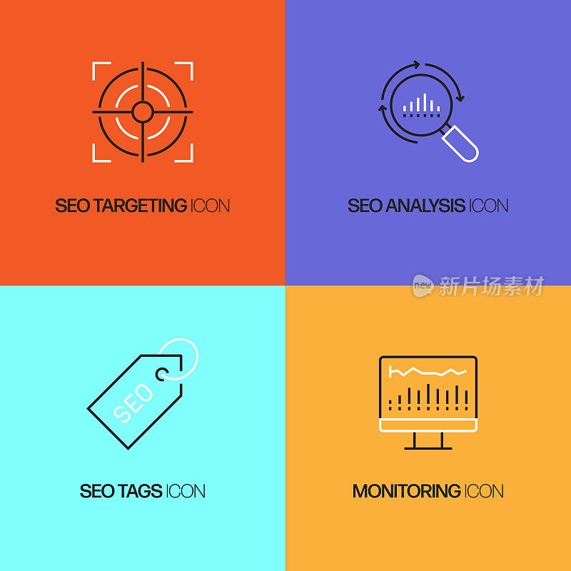 SEO相关的矢量线图标。轮廓符号集合