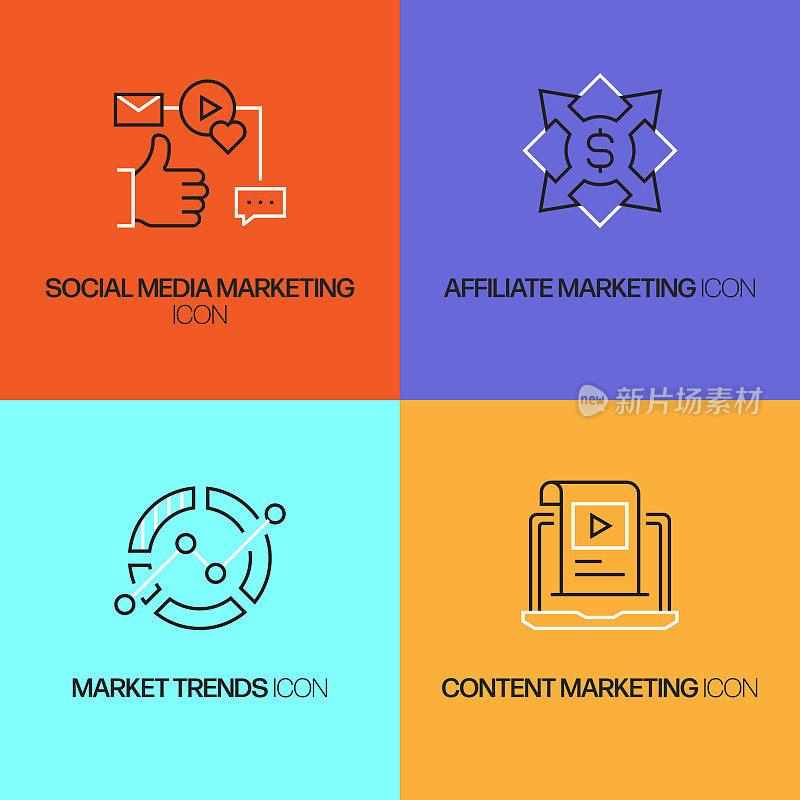 营销相关的矢量线图标。轮廓符号集合