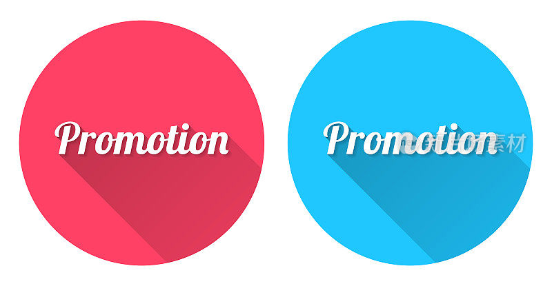 推广。圆形图标与长阴影在红色或蓝色的背景