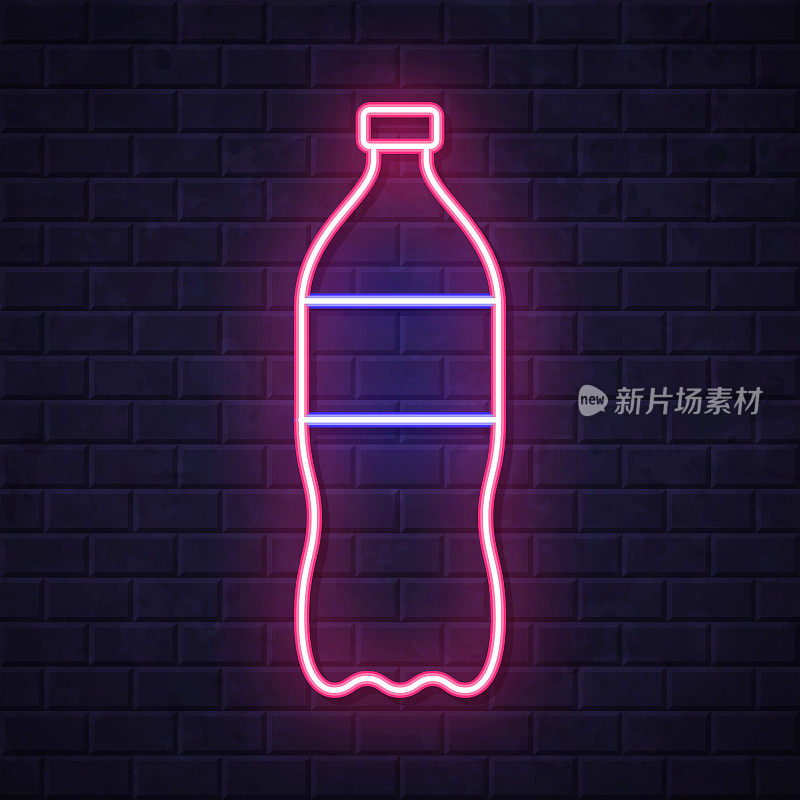 一瓶苏打水。在砖墙背景上发光的霓虹灯图标