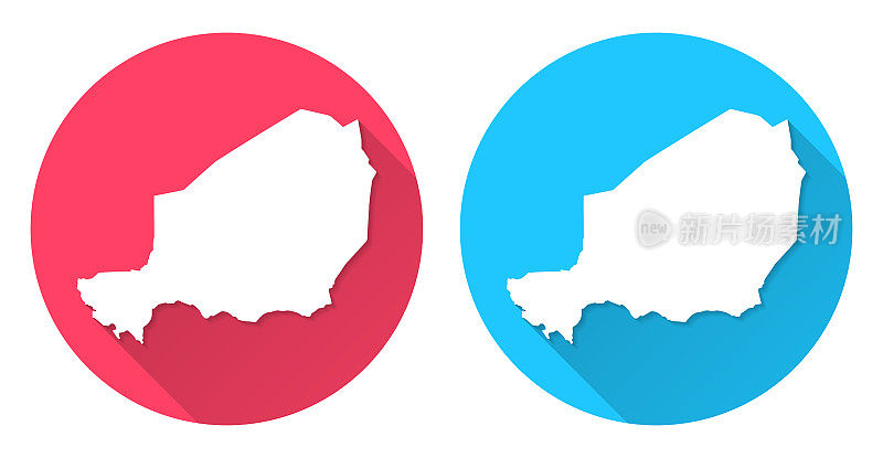 尼日尔的地图。圆形图标与长阴影在红色或蓝色的背景
