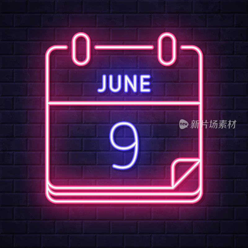 6月9日。在砖墙背景上发光的霓虹灯图标