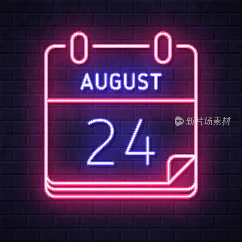 8月24日。在砖墙背景上发光的霓虹灯图标