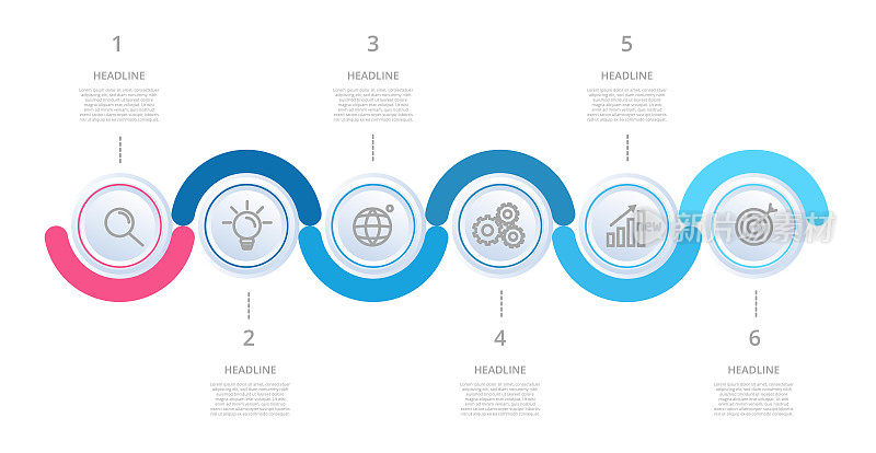 信息图表设计的六个步骤。信息图表在六边形平面设计中，孤立在白色背景上