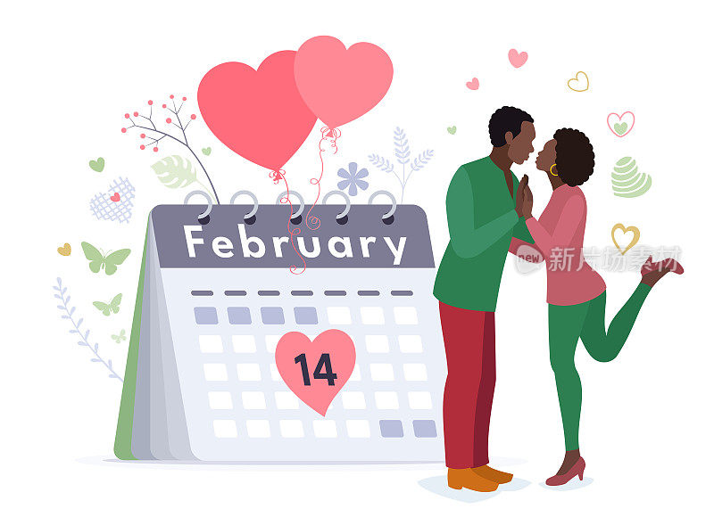 非洲情侣在情人节坠入爱河。2月14日。日历。拥抱爱情。