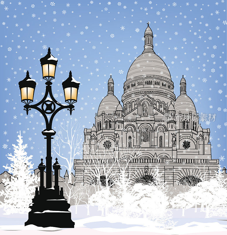 冬天的城市。白雪覆盖的巴黎地标，街灯。
