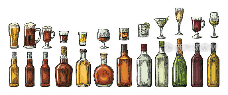 设置玻璃和瓶装啤酒，威士忌，葡萄酒，杜松子酒，朗姆酒，龙舌兰酒，干邑，香槟，鸡尾酒，烈酒。