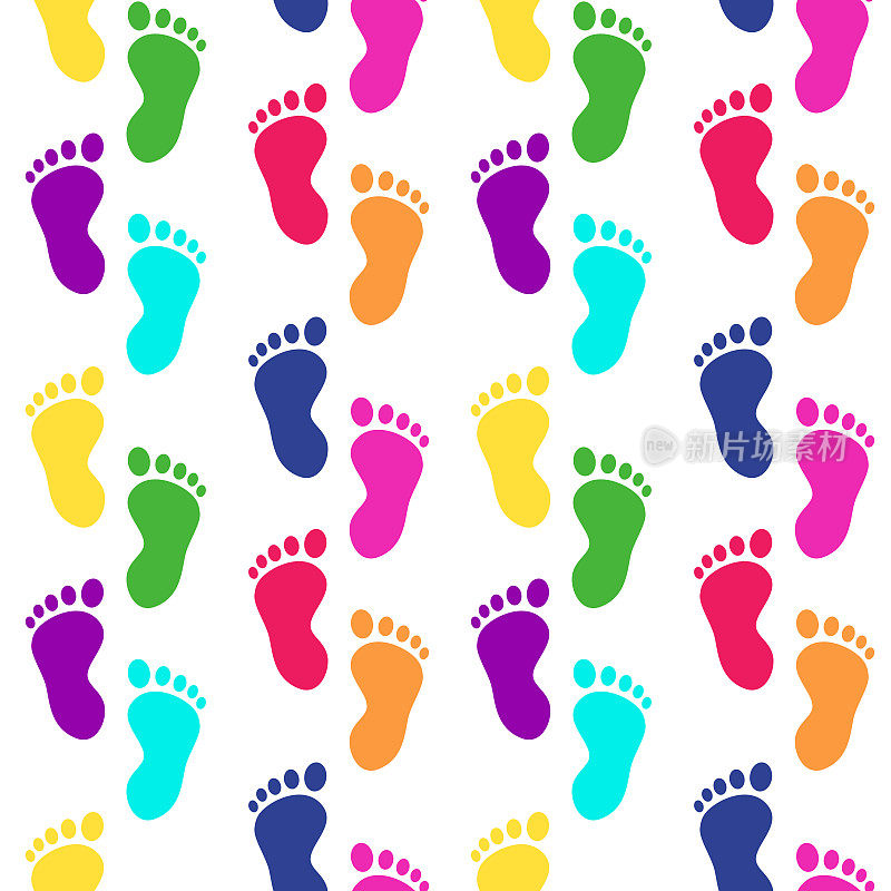 五彩缤纷的脚步。光脚的痕迹。无缝模式与孩子的脚印。向量