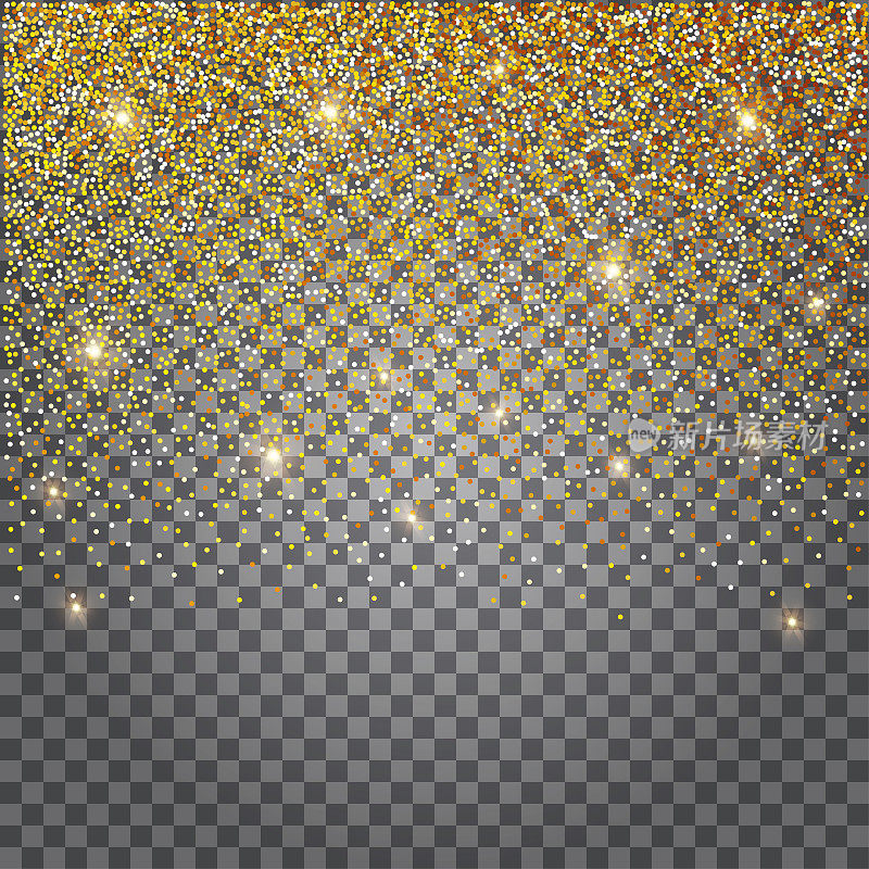 贺卡，金光闪闪的背景。辉煌的黄金金属箔。透明背景上的明亮星星。矢量图
