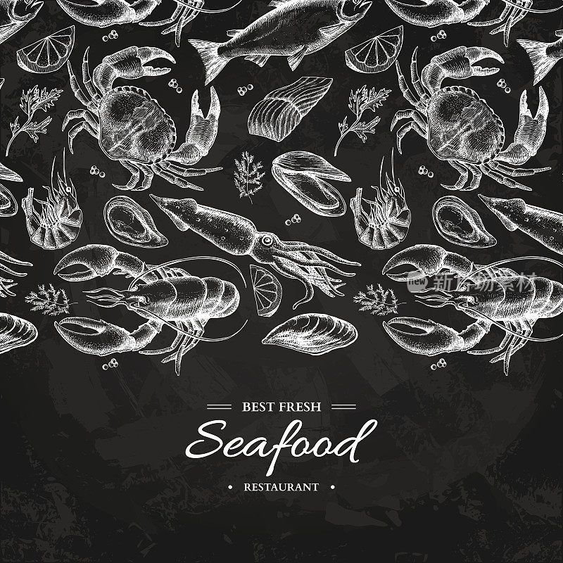 海产品手绘矢量图。蟹，龙虾，虾，牡蛎，贻贝，鱼子酱和鱿鱼